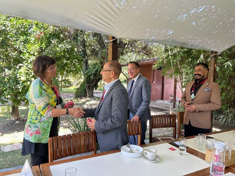 Picture of Ursula Renold shaking hands at the Swiss Embassy